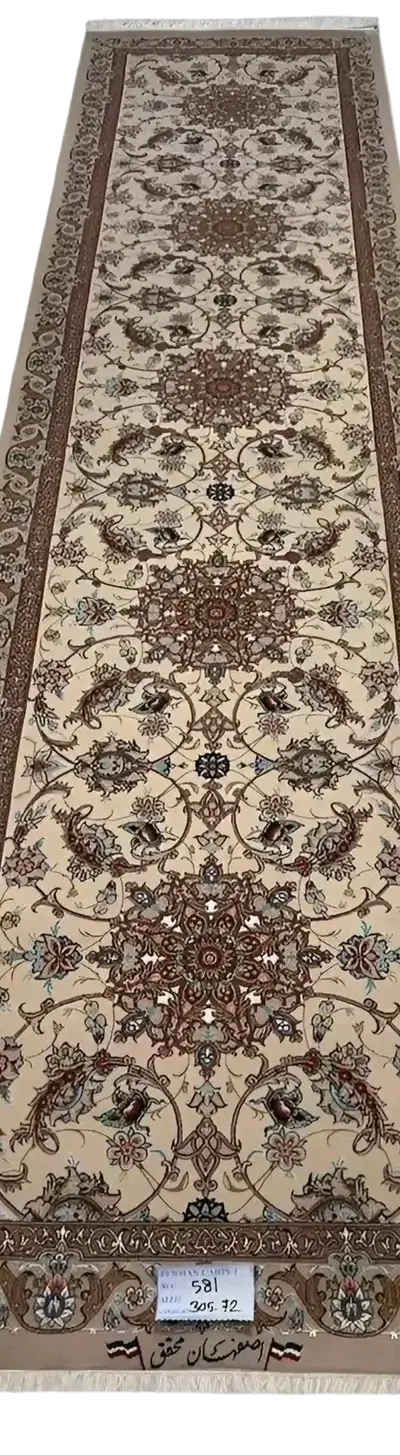 "Authentic Persian rug runner, hand-knotted with silk and wool fibers, showcasing intricate floral designs. Size: 305 cm x 72 cm, made by Mohaghegh."